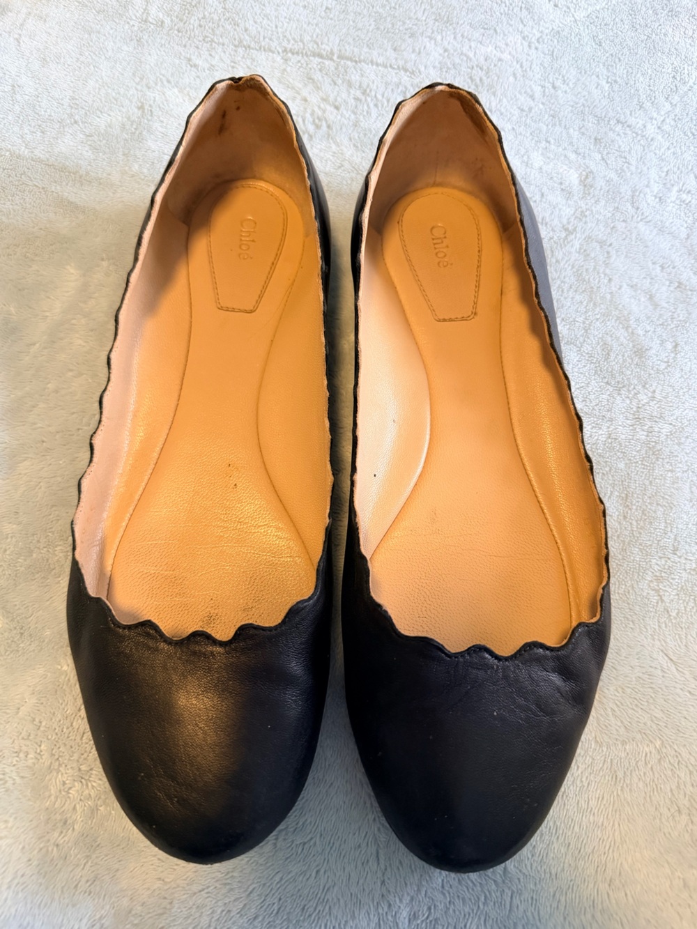 Chloe Black Scalloped Leather Ballet Flats
